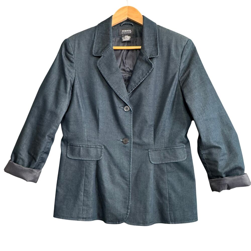 GEORGE Stretch Denim Jacket‎ Women’s Large Petite Dark Wash Dressy Y2K Blazer